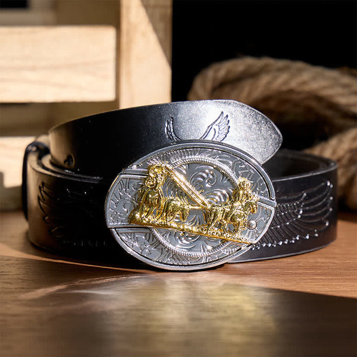 Ceinture en cuir avec boucle dorée et couteau pliant dissimulé, style western, à monter soi-même. - Calèche - Ceinture noire à motif aigle en relief - 42 - image 2