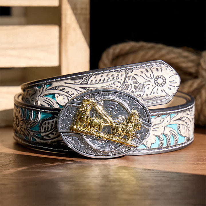 Ceinture en cuir avec boucle dorée et couteau pliant dissimulé, style western, à monter soi-même. - Calèche - Ceinture à fleurs grises - 42 - image 8