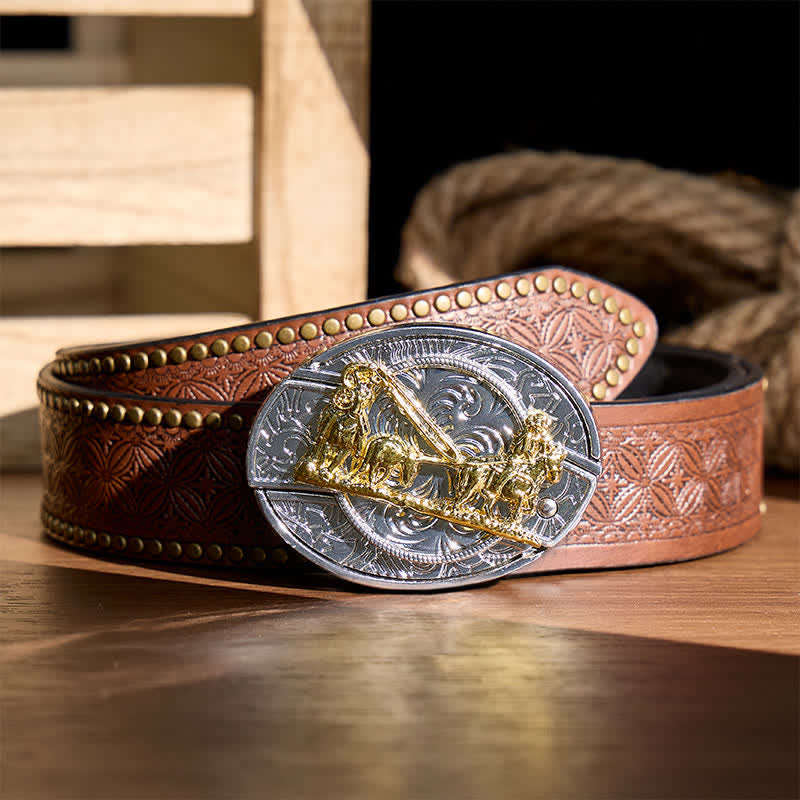 Ceinture en cuir avec boucle dorée et couteau pliant dissimulé, style western, à monter soi-même. - Calèche - Ceinture à rivets marron - 42 - image 4