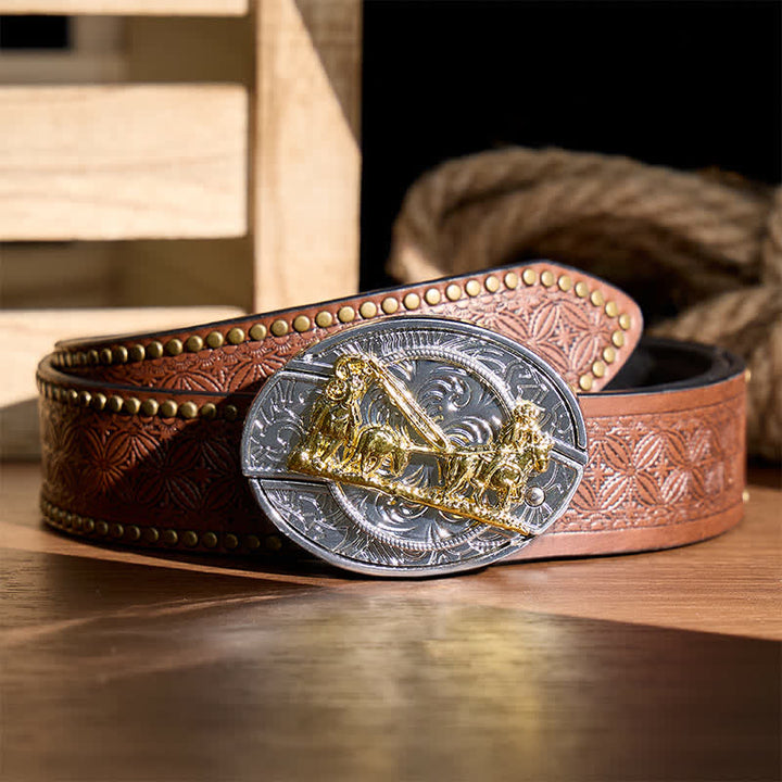 Ceinture en cuir avec boucle dorée et couteau pliant dissimulé, style western, à monter soi-même. - Calèche - Ceinture à rivets marron - 42 - image 4