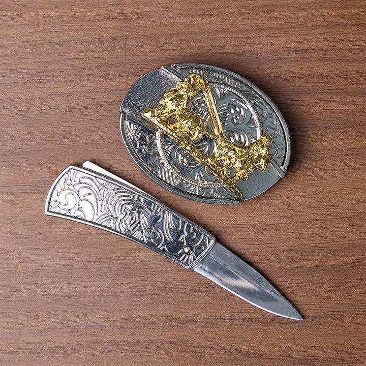 Ceinture en cuir avec boucle dorée et couteau pliant dissimulé, style western, à monter soi-même. - image 1
