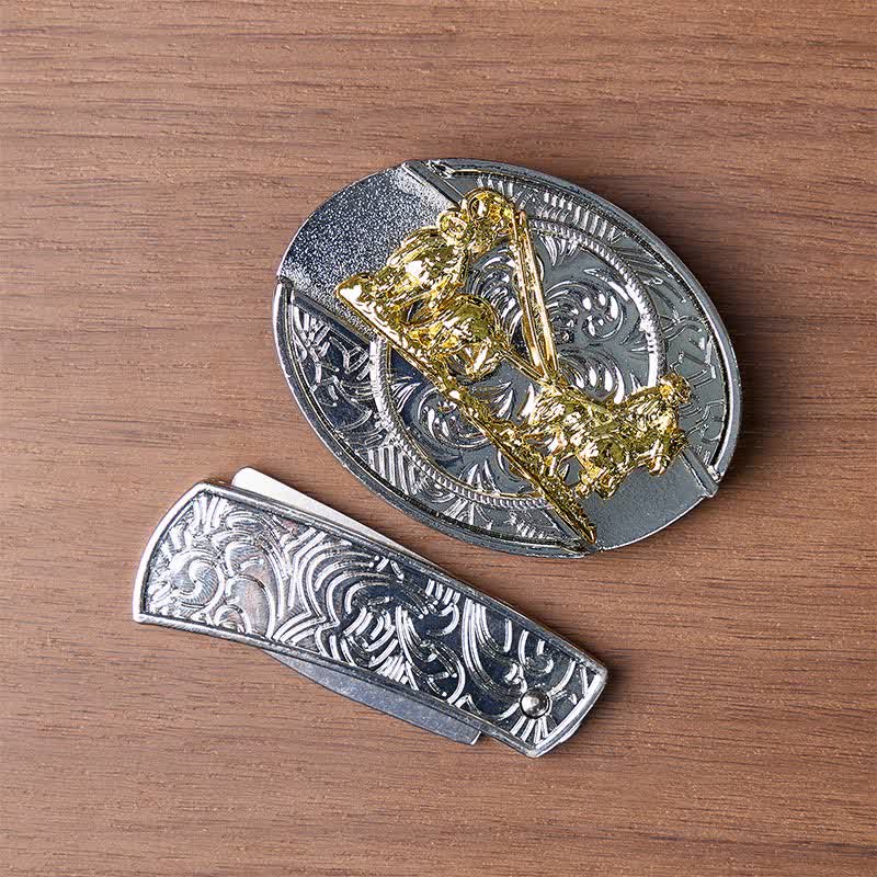 Ceinture en cuir avec boucle dorée et couteau pliant dissimulé, style western, à monter soi-même. - image 10