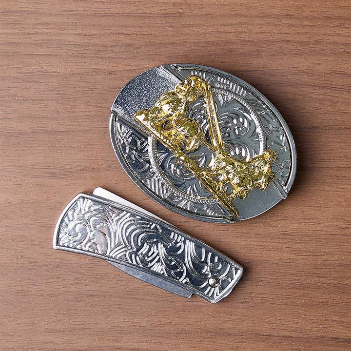 Ceinture en cuir avec boucle dorée et couteau pliant dissimulé, style western, à monter soi-même. - image 10