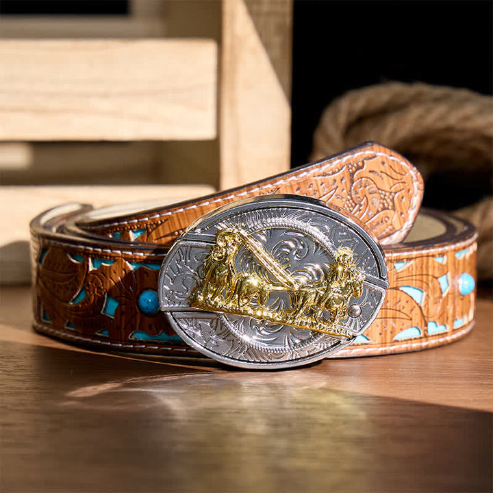 Ceinture en cuir avec boucle dorée et couteau pliant dissimulé, style western, à monter soi-même. - Calèche - Ceinture turquoise sculptée - 42 - image 3