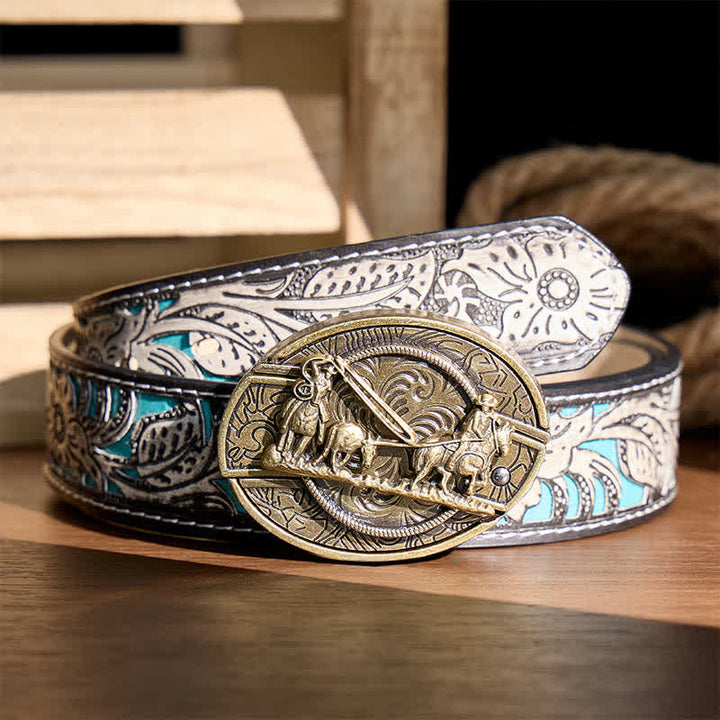 Ceinture en cuir avec boucle western et couteau pliant dissimulé, inspirée des calèches en bronze - Calèche - Ceinture à fleurs grises - 42 - image 8