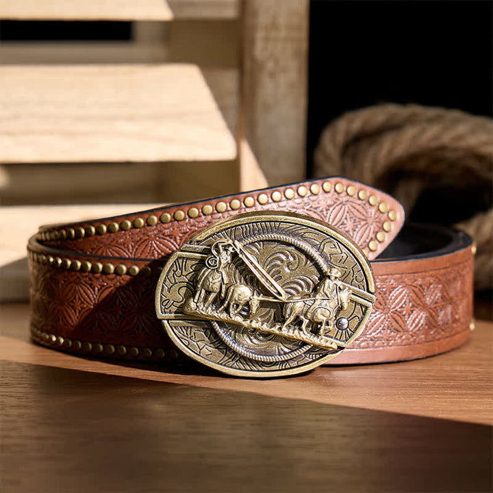 Ceinture en cuir avec boucle western et couteau pliant dissimulé, inspirée des calèches en bronze - Calèche - Ceinture à rivets marron - 42 - image 4