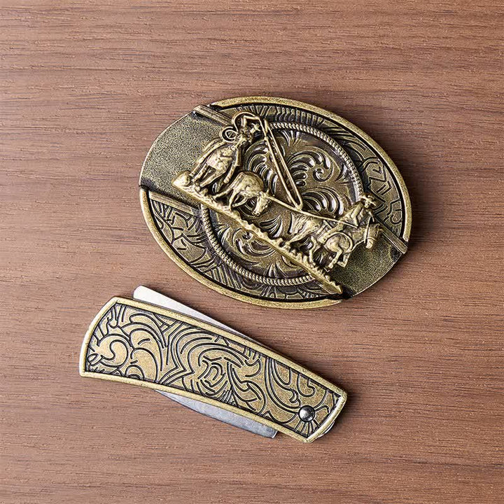 Ceinture en cuir avec boucle western et couteau pliant dissimulé, inspirée des calèches en bronze - image 10