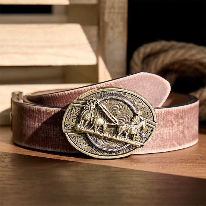 Ceinture en cuir avec boucle western et couteau pliant dissimulé, inspirée des calèches en bronze - Calèche - Ceinture marron vieillie - 42 - image 5