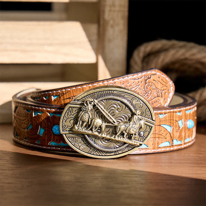 Ceinture en cuir avec boucle western et couteau pliant dissimulé, inspirée des calèches en bronze - Calèche - Ceinture turquoise sculptée - 42 - image 3