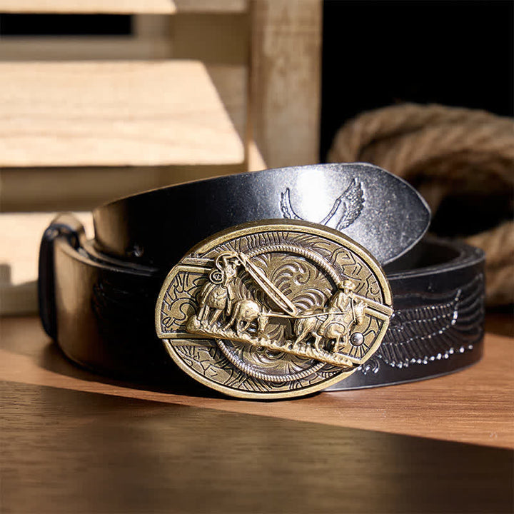 Ceinture en cuir avec boucle western et couteau pliant dissimulé, inspirée des calèches en bronze - Calèche - Ceinture noire à motif aigle en relief - 42 - image 2