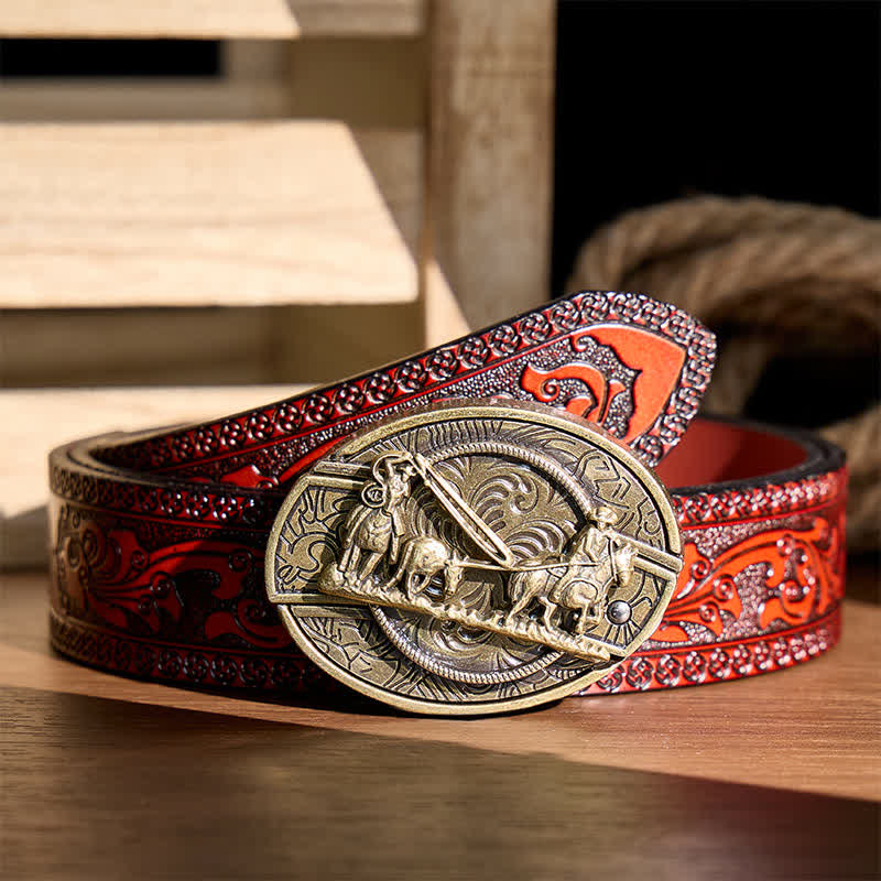 Ceinture en cuir avec boucle western et couteau pliant dissimulé, inspirée des calèches en bronze - Calèche - Ceinture sculptée marron - 42 - image 6