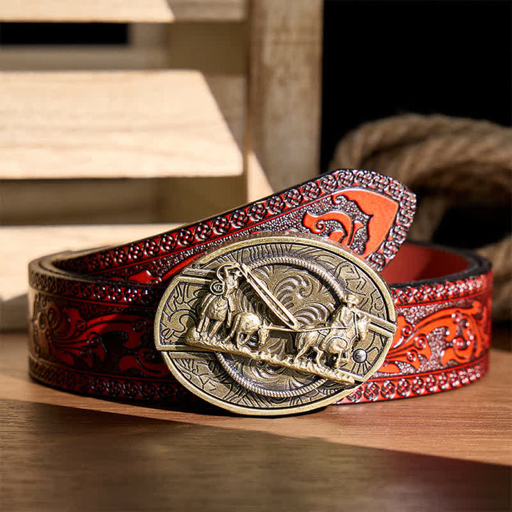 Ceinture en cuir avec boucle western et couteau pliant dissimulé, inspirée des calèches en bronze - Calèche - Ceinture sculptée marron - 42 - image 6