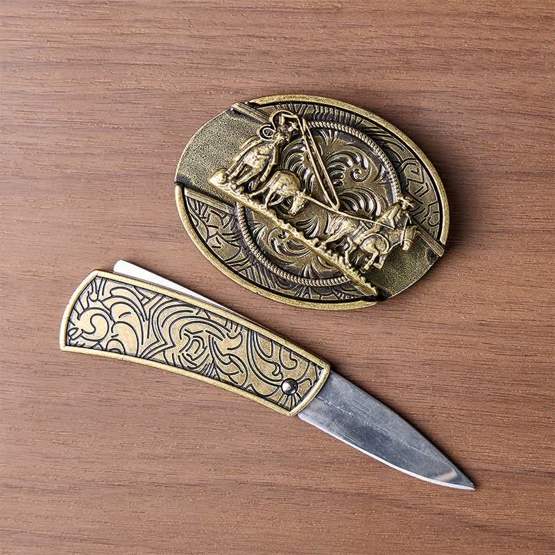 Ceinture en cuir avec boucle western et couteau pliant dissimulé, inspirée des calèches en bronze - image 1