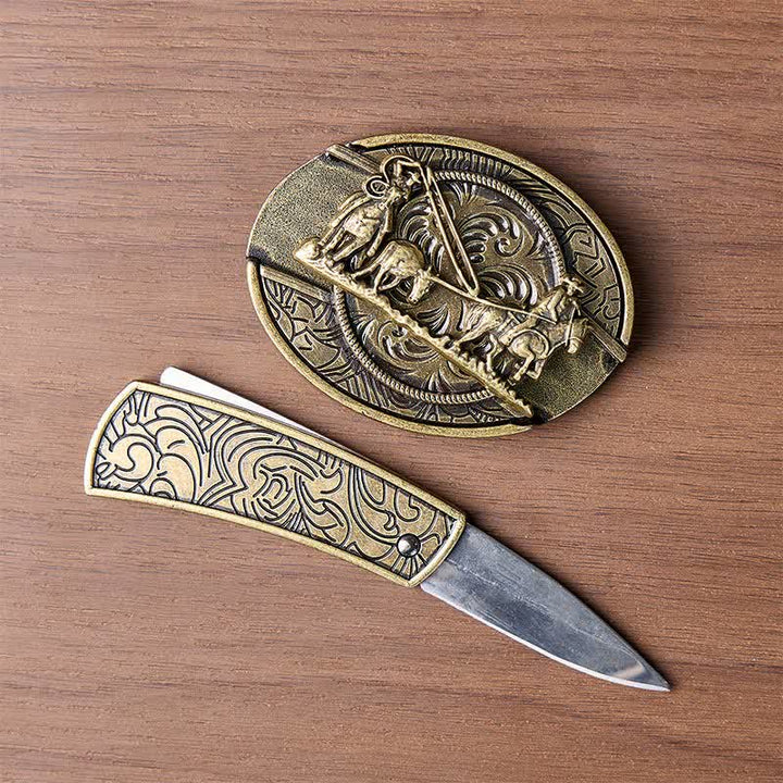 Ceinture en cuir avec boucle western et couteau pliant dissimulé, inspirée des calèches en bronze - image 1