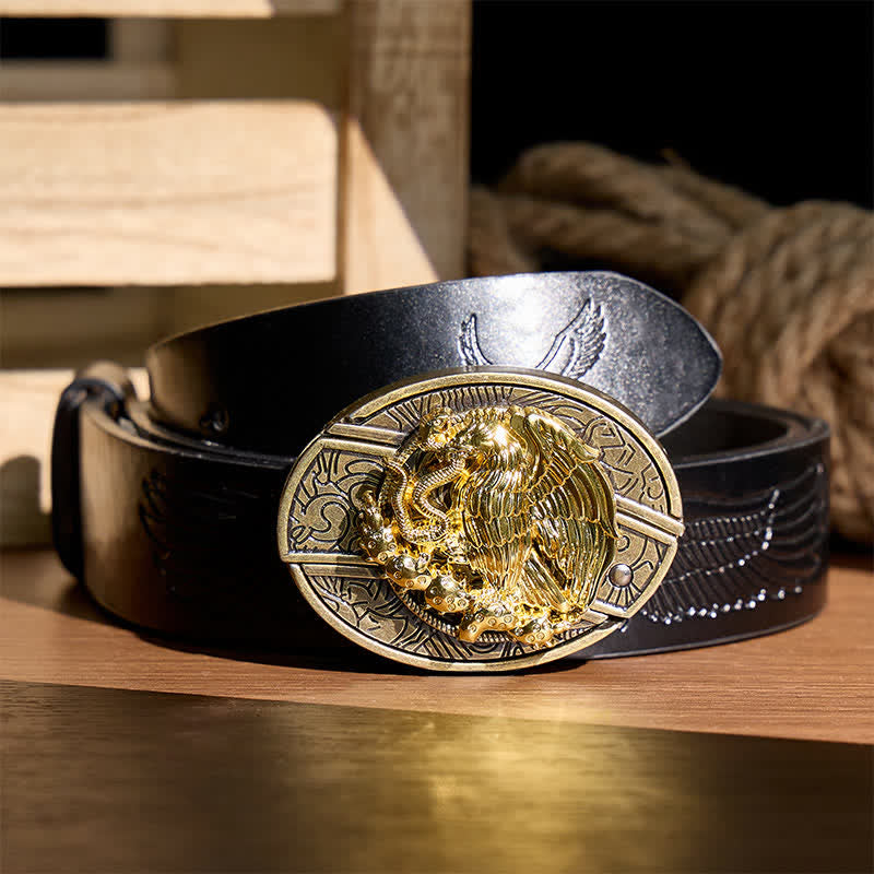 Couteau pliant caché Gold Eagle Serpent DIY avec boucle en bronze et ceinture en cuir - Aigle et Serpent - Ceinture noire à motif aigle en relief - 42 - image 2
