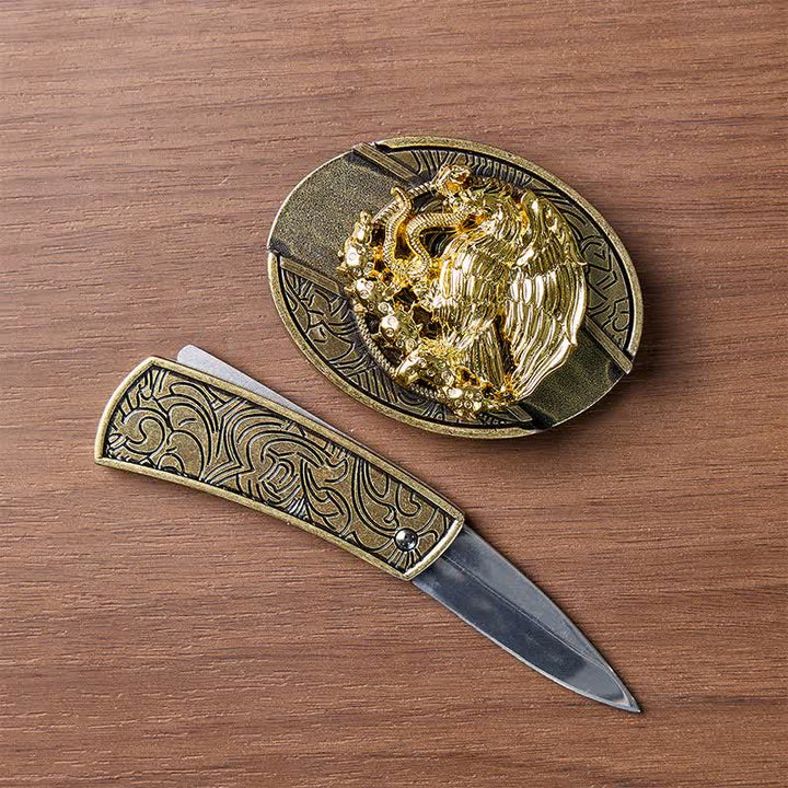 Couteau pliant caché Gold Eagle Serpent DIY avec boucle en bronze et ceinture en cuir - image 1