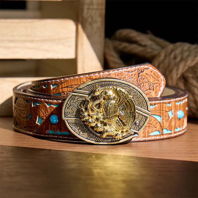 Couteau pliant caché Gold Eagle Serpent DIY avec boucle en bronze et ceinture en cuir - Aigle et Serpent - Ceinture turquoise sculptée - 42 - image 3