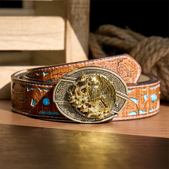 Couteau pliant caché Gold Eagle Serpent DIY avec boucle en bronze et ceinture en cuir - Aigle et Serpent - Ceinture turquoise sculptée - 42 - image 3