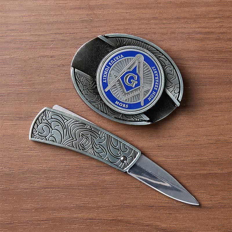 Boucle de couteau pliant dissimulée à l'aide d'un symbole maçonnique en émail bleu, à monter soi-même, ceinture en cuir - image 1