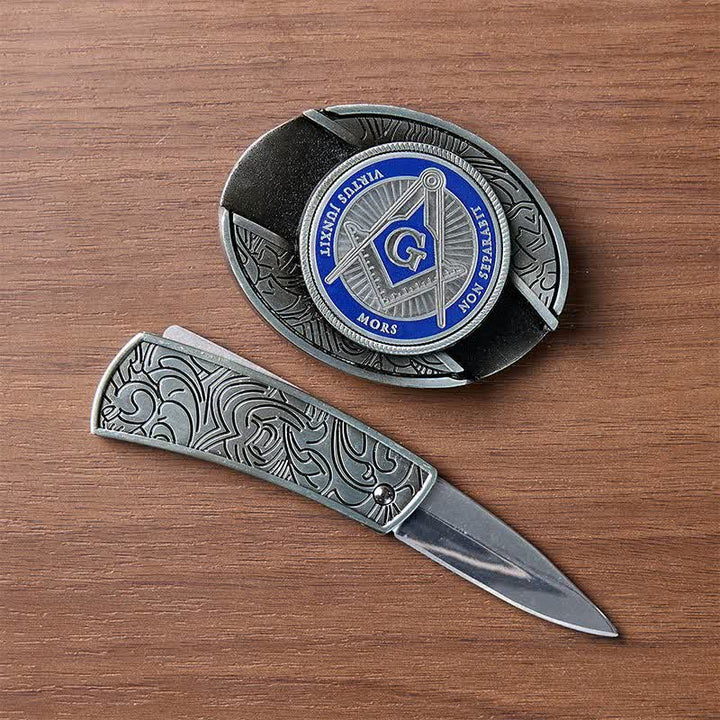 Boucle de couteau pliant dissimulée à l'aide d'un symbole maçonnique en émail bleu, à monter soi-même, ceinture en cuir - image 1