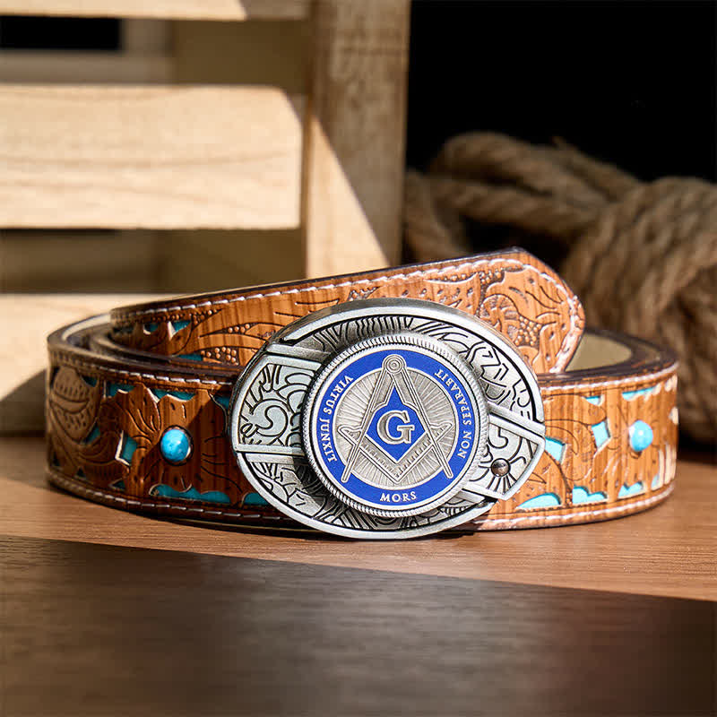 Boucle de couteau pliant dissimulée à l'aide d'un symbole maçonnique en émail bleu, à monter soi-même, ceinture en cuir - Bleu - Ceinture turquoise sculptée - 42 - image 3
