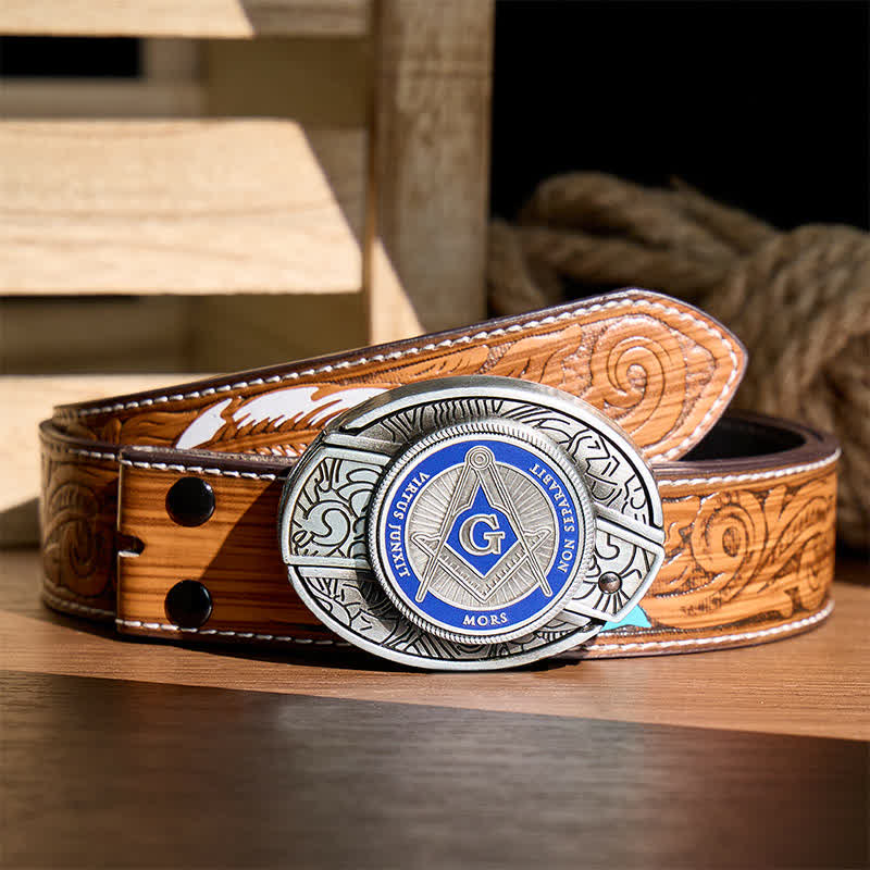 Boucle de couteau pliant dissimulée à l'aide d'un symbole maçonnique en émail bleu, à monter soi-même, ceinture en cuir - Bleu - Ceinture de plumes brunes - 40 - image 7