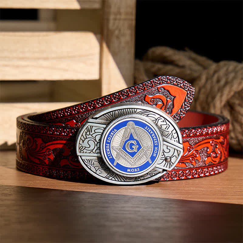 Boucle de couteau pliant dissimulée à l'aide d'un symbole maçonnique en émail bleu, à monter soi-même, ceinture en cuir - Bleu - Ceinture sculptée marron - 42 - image 6