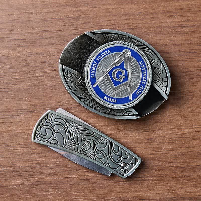 Boucle de couteau pliant dissimulée à l'aide d'un symbole maçonnique en émail bleu, à monter soi-même, ceinture en cuir - image 10