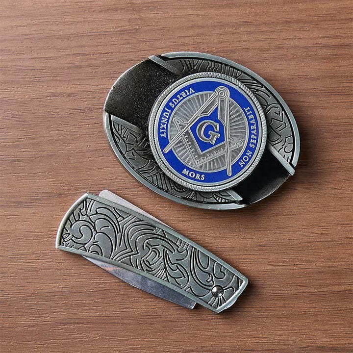 Boucle de couteau pliant dissimulée à l'aide d'un symbole maçonnique en émail bleu, à monter soi-même, ceinture en cuir - image 10