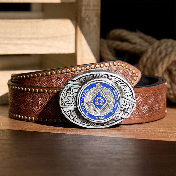 Boucle de couteau pliant dissimulée à l'aide d'un symbole maçonnique en émail bleu, à monter soi-même, ceinture en cuir - Bleu - Ceinture à rivets marron - 42 - image 4