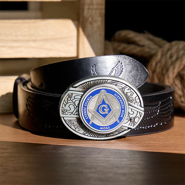 Boucle de couteau pliant dissimulée à l'aide d'un symbole maçonnique en émail bleu, à monter soi-même, ceinture en cuir - Bleu - Ceinture noire à motif aigle en relief - 42 - image 2