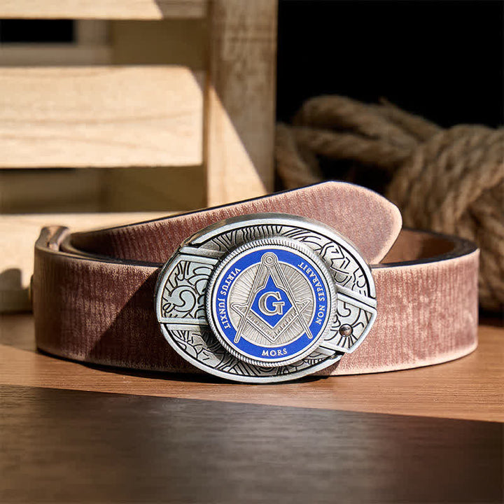 Boucle de couteau pliant dissimulée à l'aide d'un symbole maçonnique en émail bleu, à monter soi-même, ceinture en cuir - Bleu - Ceinture marron vieillie - 42 - image 5