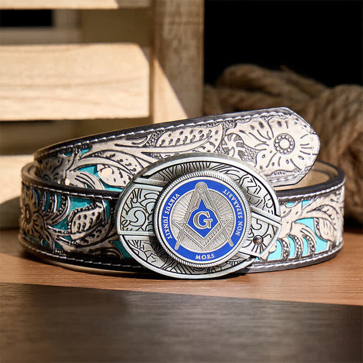 Boucle de couteau pliant dissimulée à l'aide d'un symbole maçonnique en émail bleu, à monter soi-même, ceinture en cuir - Bleu - Ceinture à fleurs grises - 42 - image 8