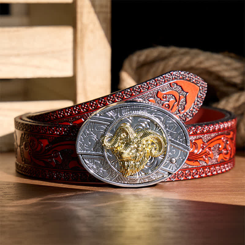 Boucle de couteau pliant dissimulé à tête de bélier argentée et dorée, ceinture en cuir - Tête de crâne de bélier - Ceinture sculptée marron - 42 - image 6