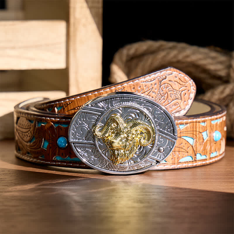 Boucle de couteau pliant dissimulé à tête de bélier argentée et dorée, ceinture en cuir - Tête de crâne de bélier - Ceinture turquoise sculptée - 42 - image 3