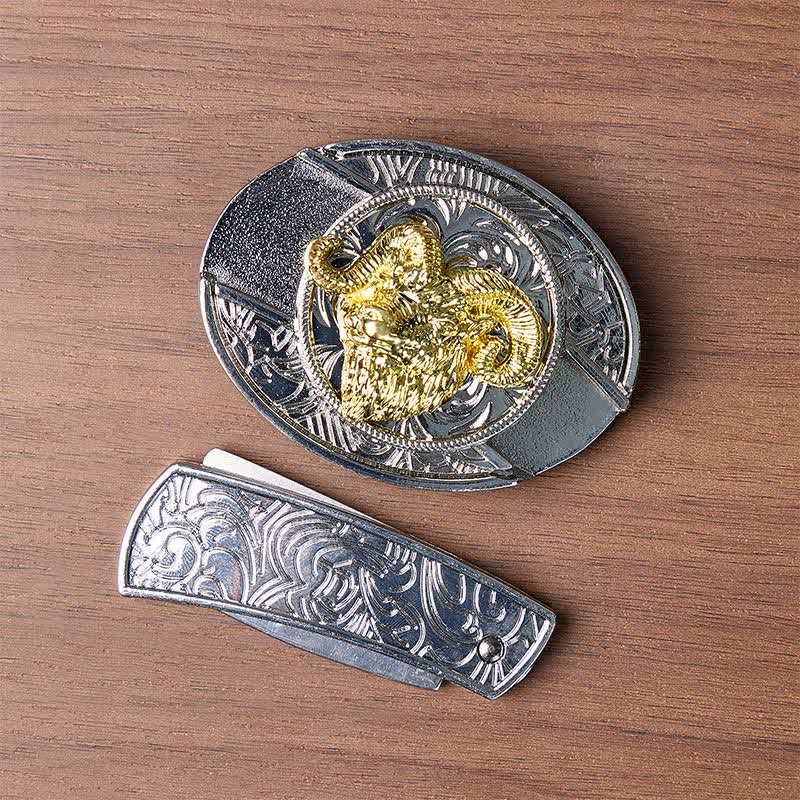 Boucle de couteau pliant dissimulé à tête de bélier argentée et dorée, ceinture en cuir - image 10