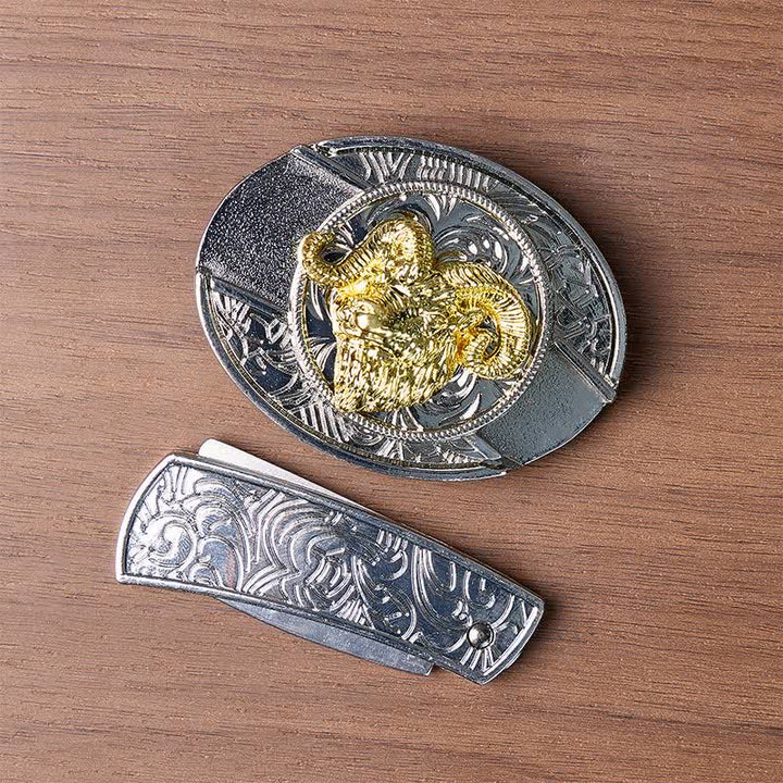 Boucle de couteau pliant dissimulé à tête de bélier argentée et dorée, ceinture en cuir - image 10