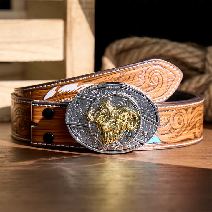 Boucle de couteau pliant dissimulé à tête de bélier argentée et dorée, ceinture en cuir - Tête de crâne de bélier - Ceinture de plumes brunes - 40 - image 7