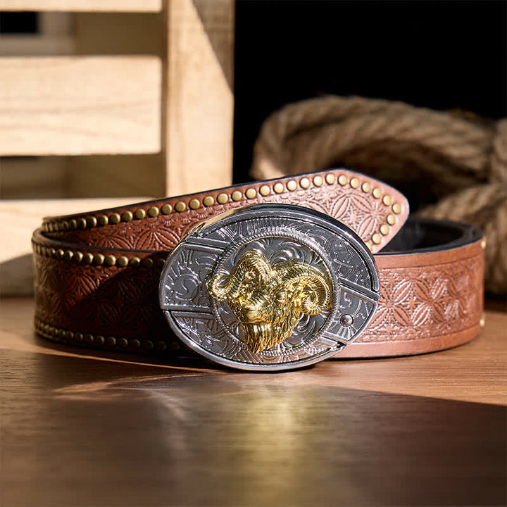 Boucle de couteau pliant dissimulé à tête de bélier argentée et dorée, ceinture en cuir - Tête de crâne de bélier - Ceinture à rivets marron - 42 - image 4