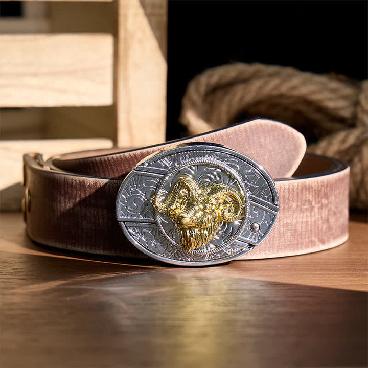 Boucle de couteau pliant dissimulé à tête de bélier argentée et dorée, ceinture en cuir - Tête de crâne de bélier - Ceinture marron vieillie - 42 - image 5