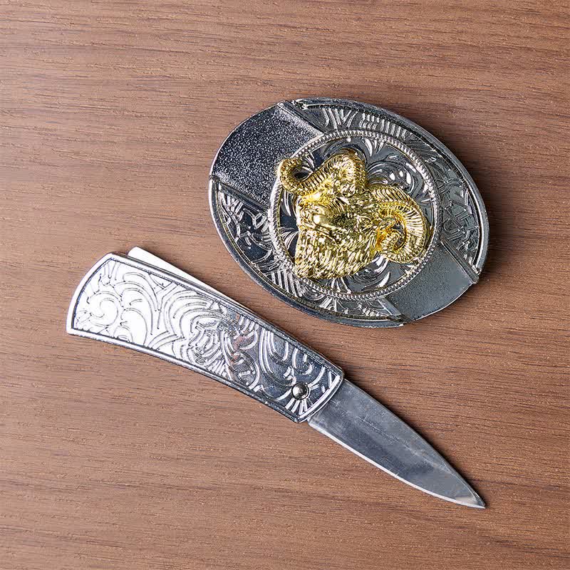 Boucle de couteau pliant dissimulé à tête de bélier argentée et dorée, ceinture en cuir - image 1