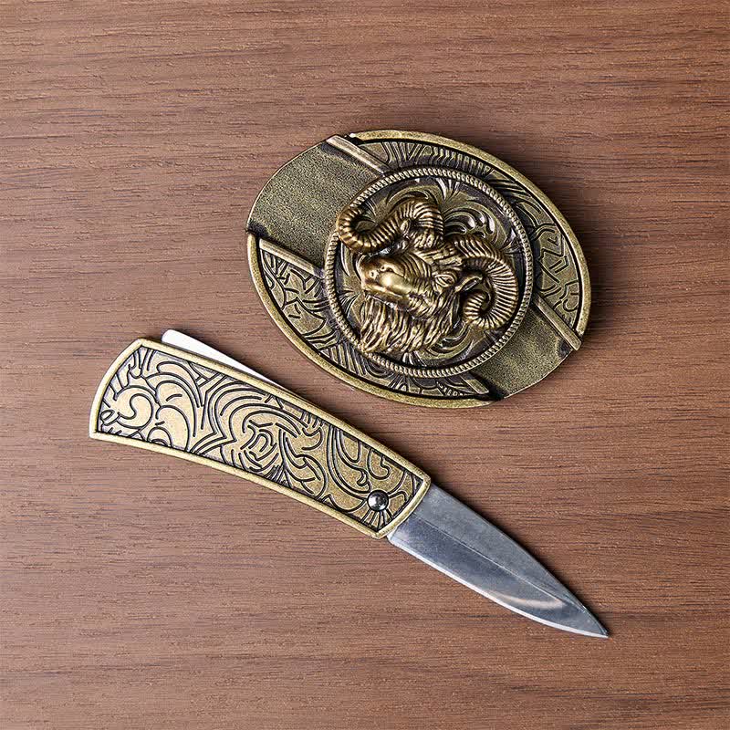 Boucle de couteau pliant dissimulé en bronze antique avec tête de bélier et boucle de ceinture en cuir - image 1