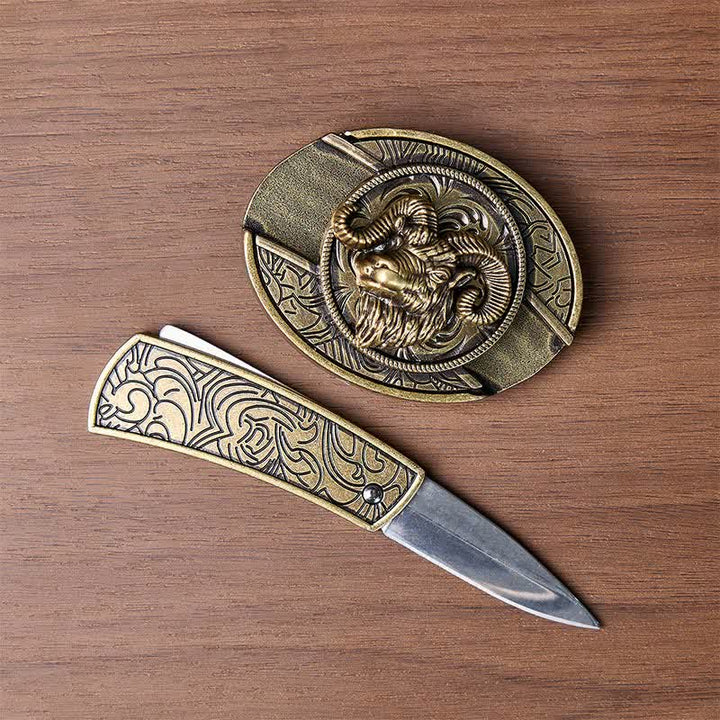 Boucle de couteau pliant dissimulé en bronze antique avec tête de bélier et boucle de ceinture en cuir - image 1