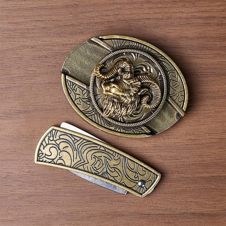 Boucle de couteau pliant dissimulé en bronze antique avec tête de bélier et boucle de ceinture en cuir - image 9