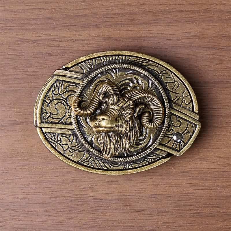 Boucle de couteau pliant dissimulé en bronze antique avec tête de bélier et boucle de ceinture en cuir - image 10