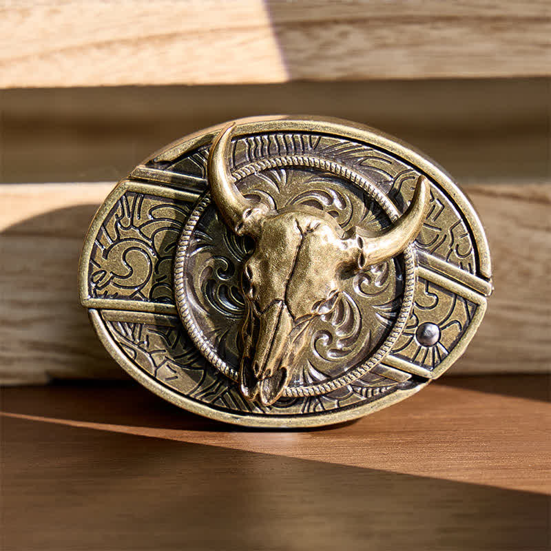 Couteau pliant dissimulé à tête de Longhorn à faire soi-même, boucle en bronze antique, ceinture en cuir - Longhorn - Sans ceinture - Ceinture non incluse - image 0