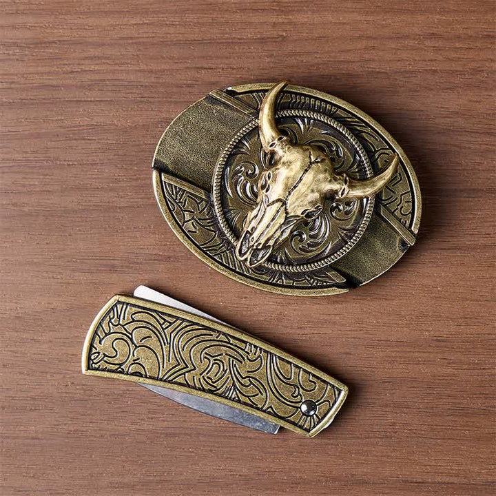 Couteau pliant dissimulé à tête de Longhorn à faire soi-même, boucle en bronze antique, ceinture en cuir - image 9