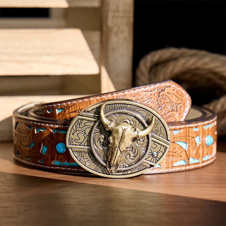 Couteau pliant dissimulé à tête de Longhorn à faire soi-même, boucle en bronze antique, ceinture en cuir - Longhorn - Ceinture turquoise sculptée - 42 - image 3