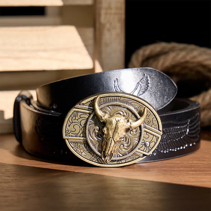Couteau pliant dissimulé à tête de Longhorn à faire soi-même, boucle en bronze antique, ceinture en cuir - Longhorn - Ceinture noire à motif aigle en relief - 42 - image 2