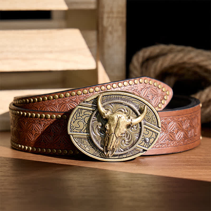 Couteau pliant dissimulé à tête de Longhorn à faire soi-même, boucle en bronze antique, ceinture en cuir - Longhorn - Ceinture à rivets marron - 42 - image 4